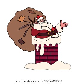 santa claus entering the chimney on white background vector illustration design