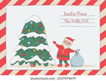 Santa Claus envelope. Greeting card with Santa and Christmas tree. Doodle style illustration. Vector 