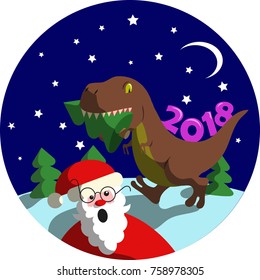 Santa Claus escapa del dinosaurio. Ilustración vectorial.