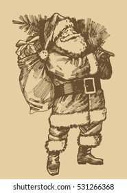 Santa Claus Etching Style Drawing. Vintage Style Christmas Card.