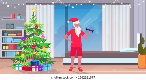 santa claus exercising with dumbbells lifting weights bearded man training workout concept christmas new year holidays celebration modern living room interior horizontal full length vector
