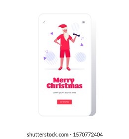 santa claus exercising with dumbbells lifting weights bearded man training workout concept christmas new year holidays celebration smartphone screen online mobile app full length vector illustration