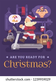 Santa Claus exercising and getting into shape for Christmas. Santa running on a treadmill in a gym dreaming of a strong body. Christmas greeting card