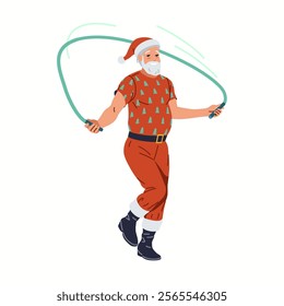 Santa Claus exercising with jump rope flat color vector character. Happy grandpa training before Christmas celebration illustration on white