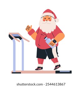 Santa Claus exercising on treadmill fitness theme cheerful Santa in sportswear holding water bottle smartwatch on wrist treadmill workout holiday health