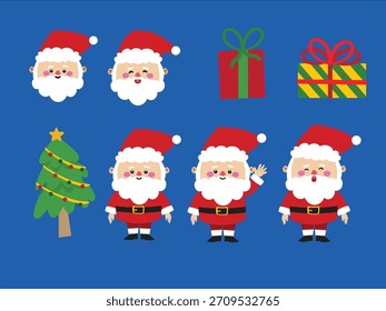 Conjunto de expresión de Santa Claus con regalos de Navidad y árbol de Festiva. Diseñado en un estilo alegre y colorido, perfecto para gráficos de temporada, tarjetas de felicitación, pegatinas, animaciones, publicaciones en redes sociales