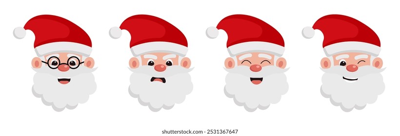 Santa Claus expressions set. Happy, angry, and winking faces. Vector illustration isolated on white background