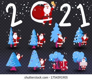 Santa Claus in a fabulous winter lemu on a transparent background. Vector set design elements funny and cute Santa Claus different character isolated on blue background