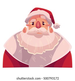 Santa Claus face, angry facial expression, cartoon vector illustrations isolated. Santa Claus emoji face icons, feeling distressed, frustrated, sullen, upset. Angry face expression