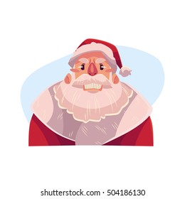 Santa Claus face, angry facial expression, cartoon vector illustrations isolated on blue background. Santa Claus emoji face icon, feeling distresses, frustrated, sullen, upset. Angry face expression