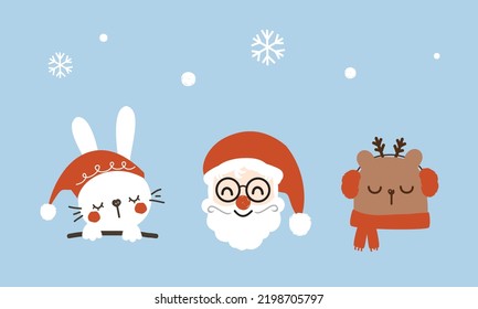 Frase de Santa Claus, oso, conejo y copos de nieve en la ilustración vectorial de fondo del cielo azul.