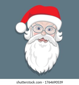 Santa Claus face with beard, eyeglasses and hat. Christmas cartoon character. Winter holiday. Vector illustration. Useful for sticker, icon, banner, card, print, badge. 