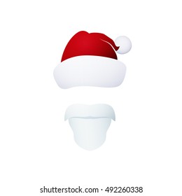 Santa Claus Face  with a Beard Isolated on White, Mustache and Hat without a Face, Christmas Decorations, Merry Christmas and Happy New Year , Vector Illustration 