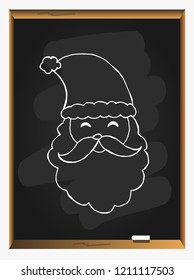 santa claus face beard moustache happy xmas christmas new year on blackboard background. Hand drawn Vector illustration.