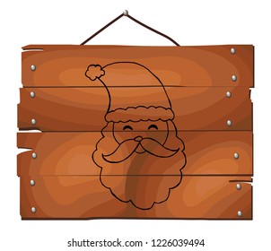 santa claus face beard moustache happy xmas christmas new year on wooden plank background. Hand drawn Vector illustration.
