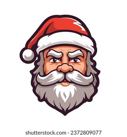 Santa Claus face with beard and mustache. Cute cartoon head of Santa in a hat. Vector illustration. Christmas icon