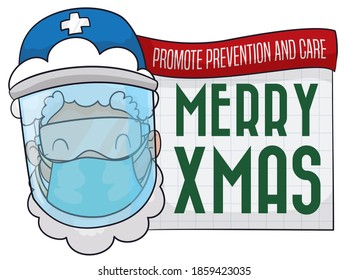 Santa Claus face with bio-protective gear: security eyeglasses, face shield and half-mask, promoting security against COVID-19 during Xmas season.