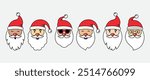 Santa Claus face, cartoon Christmas icon, cute winter noel head, Santa hat, snowman different races set. Holiday father drawing doodle. Xmas vector illustration