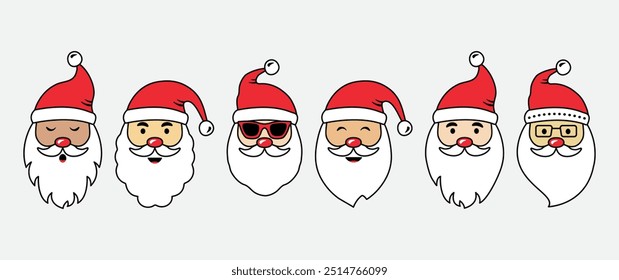 Santa Claus face, cartoon Christmas icon, cute winter noel head, Santa hat, snowman different races set. Holiday father drawing doodle. Xmas vector illustration