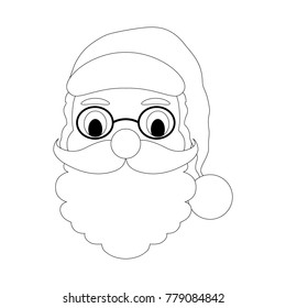 Santa Claus Face. Christmas. New Year. Beard, moustache. Happy xmas. Santa Claus Head. Holiday.  Father Frost. Black and white outline on a white background for coloring.  Vector Illustration.