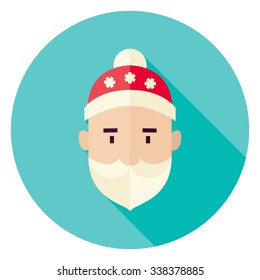 Santa Claus Face Circle Icon. Flat Design Vector Illustration with Long Shadow. Merry Christmas and Happy New Year Symbol.