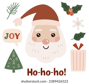 Santa Claus face clipart in cartoon flat style. Merry Christmas clipart. Boho Santa vector illustration