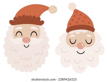 Santa Claus face clipart in cartoon flat style. Merry Christmas clipart. Boho Santa vector illustration