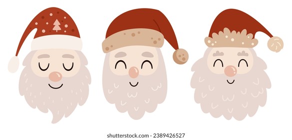 Santa Claus face clipart in cartoon flat style. Merry Christmas clipart. Boho Santa vector illustration