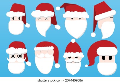 Santa Claus face collection set, flat style cartoon isolated on blue background, vector illustration of christmas and winter new year festival.