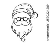 Santa Claus face. Continuous line portrait of Santa. One line Black white christmas sketch the head of Santa Claus