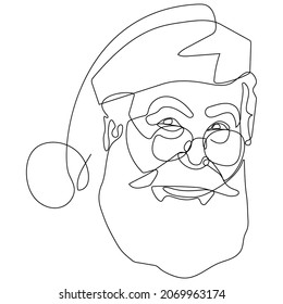 Santa Claus face. Continuous line portrait of Santa. One line Black white christmas sketch the head of Santa Claus. Happy new year