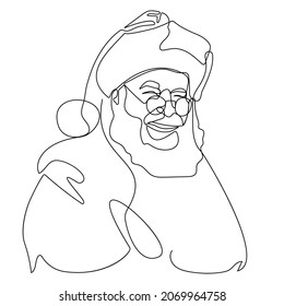 Santa Claus face. Continuous line portrait of Santa. One line Black white christmas sketch the head of Santa Claus. Happy new year