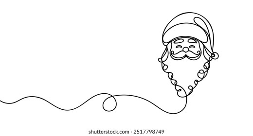 Santa Claus face. Continuous line portrait of Santa. One line Black white christmas sketch the head of Santa Claus. Happy new year