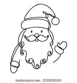 Cara de Papá Noel. Retrato de línea continua de Santa. Una línea Blanco negro de Navidad bosqueja la cabeza de Santa Claus.