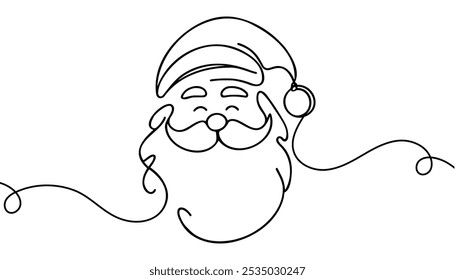 Santa Claus face. Continuous line portrait of Santa. One line Black white christmas sketch the head of Santa Claus.