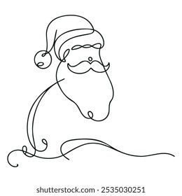 Cara de Papá Noel. Retrato de línea continua de Santa. Una línea Blanco negro de Navidad bosqueja la cabeza de Santa Claus.