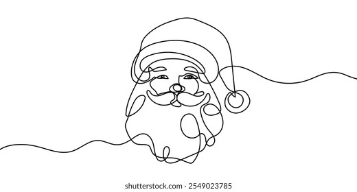  Santa Claus face. Continuous line portrait of Santa. One line Black white christmas sketch the head of Santa Claus.