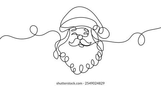  Santa Claus face. Continuous line portrait of Santa. One line Black white christmas sketch the head of Santa Claus.