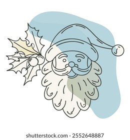 Santa Claus face. Continuous line portrait of Santa. One line Black white christmas sketch the head of Santa Claus
