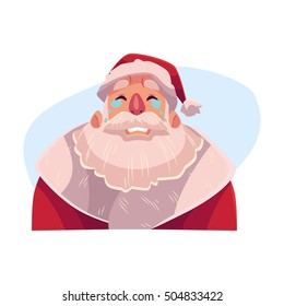Santa Claus face , crying facial expression, cartoon vector illustrations isolated on blue background. Santa Claus emoji crying, shedding tears, sad, heart broken, in grief.
