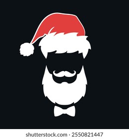 Santa Claus face emblem on black background. Santa red hat, beard, mustache and bow tie. Vector illustration