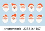 Santa Claus face emotion avatars set. Old man with beard and red hat, head portraits.Christmas symbol person. Cartoon vector illustrations isolated on blue background