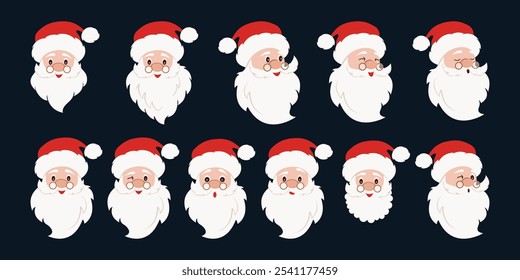 Santa Claus face emotion avatars big set. Christmas symbol person. Old man with beard and red hat, head portraits. Hand drawing vector illustration