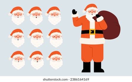 Santa Claus face emotions collection. Old man with beard and red hat animation kit. Christmas symbol person. Cartoon vector illustrations isolated on blue background