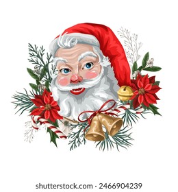 Santa Claus face and flowers isolated. Vector