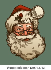 Santa Claus face with fluffy beard and hat and glasses - vintage Christmas illustration