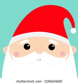 Santa Claus face head icon set. Merry Christmas. New Year. Red hat. Moustaches, beard. Cute cartoon funny kawaii baby character. Greeting card. Flat design. Blue background. Vector illustration