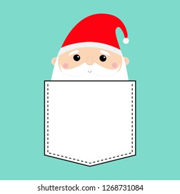 Santa Claus face head icon. T-shirt pocket. Merry Christmas. New Year. Red hat. White moustaches, beard. Cute cartoon funny kawaii baby character. Flat design. Blue background. Vector illustration