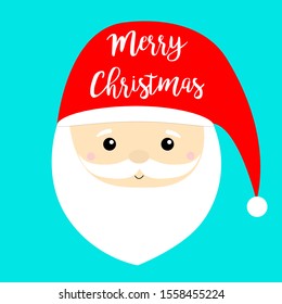 Santa Claus face head icon. Big red hat. Merry Christmas. New Year. Moustaches, beard. Cute cartoon funny kawaii baby character. Flat design. Blue background. Vector illustration