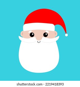 Papá Noel en la cara. Gran sombrero rojo. Feliz Navidad. Año Nuevo. Mustaches, barba redonda, ceja. Caricatura graciosa del personaje de un bebé kawaii. Diseño plano. Fondo azul. Ilustración del vector
